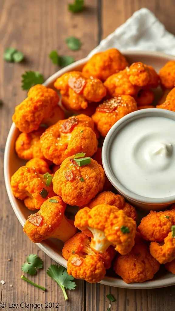 A plate of buffalo cauliflower bites with a bowl of dipping sauce