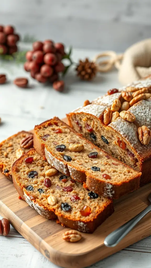 Sliced nutty fruitcake on a wooden board with nuts and dried fruits