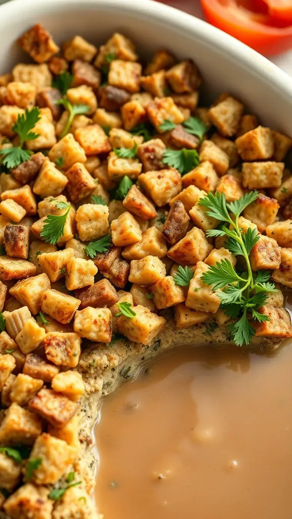 A dish of savory herb stuffing topped with crispy bread cubes and fresh herbs.