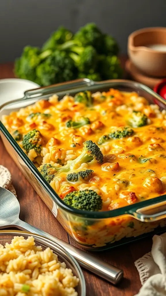 A delicious Cheesy Broccoli and Rice Casserole in a glass dish, with broccoli and cheese bubbling on top.