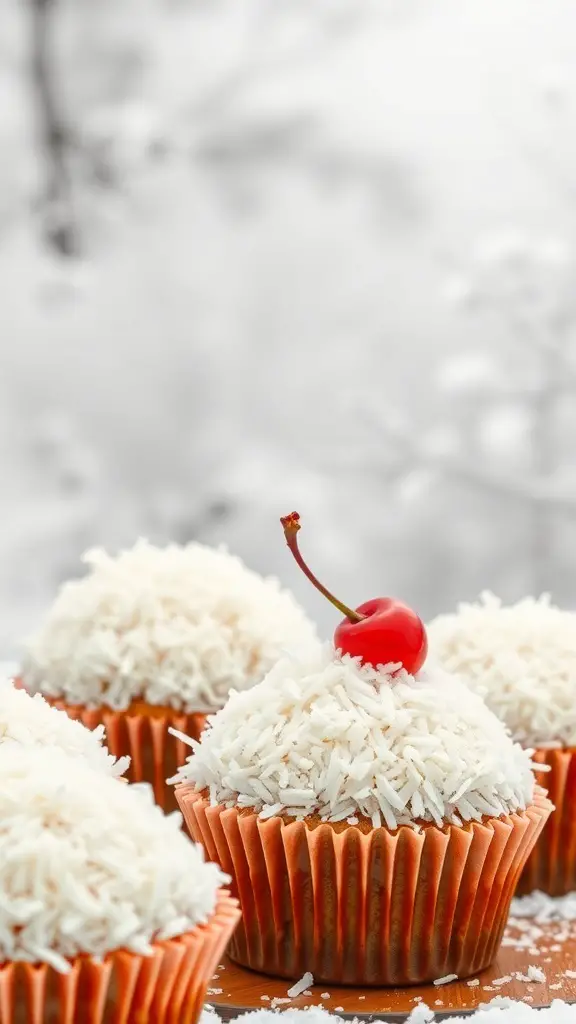 Coconut Snowball Cupcakes topped with shredded coconut and a cherry