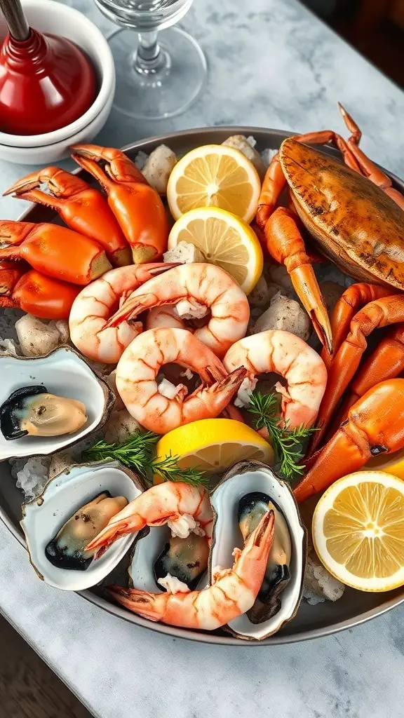 A seafood platter featuring shrimp, crab claws, oysters, and lemon slices on ice.