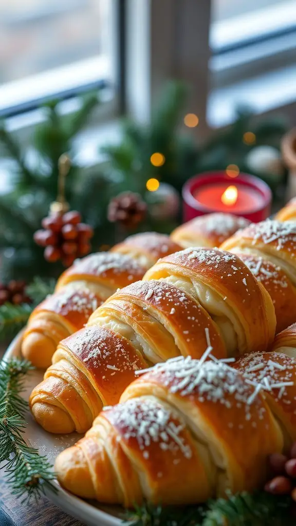 A plate of stuffed croissants with almond cream, decorated with greenery and a candle.