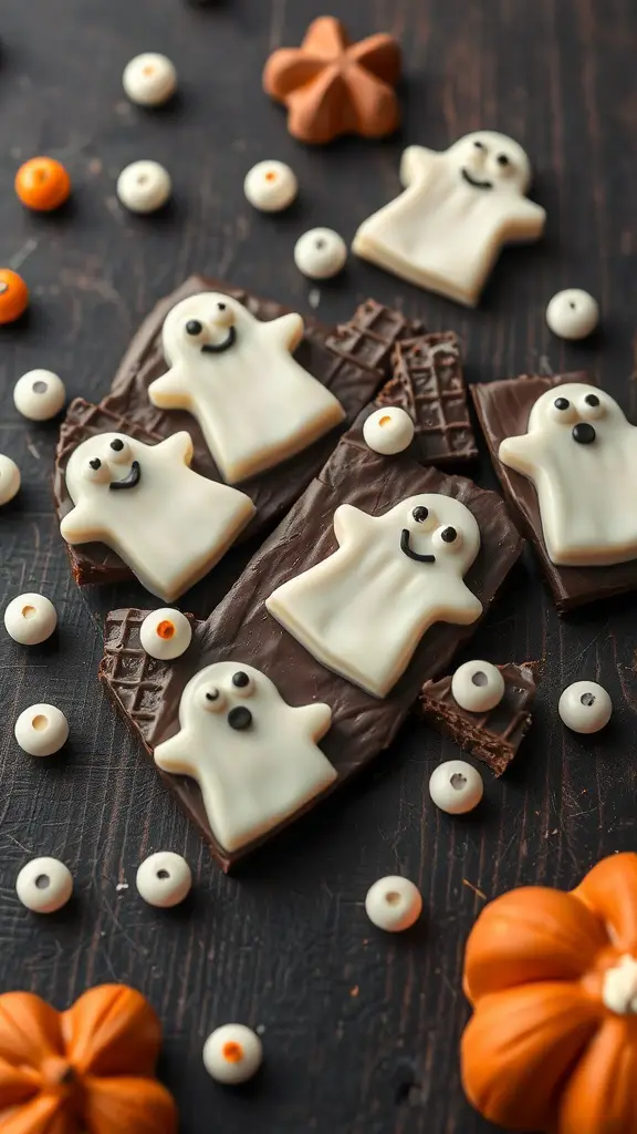 A Halloween-themed chocolate bark featuring ghost shapes made from white chocolate, surrounded by colorful candy eyes and small pumpkins.