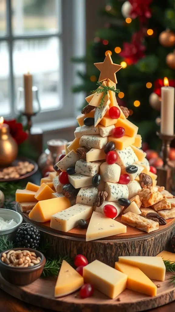 A festive cheese board shaped like a Christmas tree, decorated with various cheeses, cherry tomatoes, olives, and topped with a star.