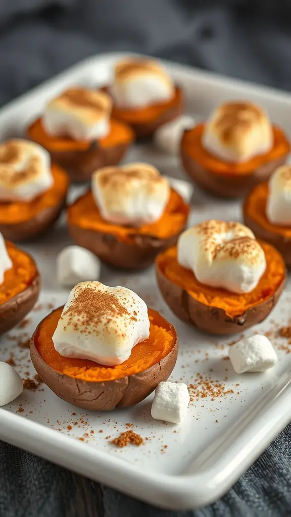 A plate of sweet potato bites topped with toasted marshmallows, garnished with a sprinkle of cinnamon.