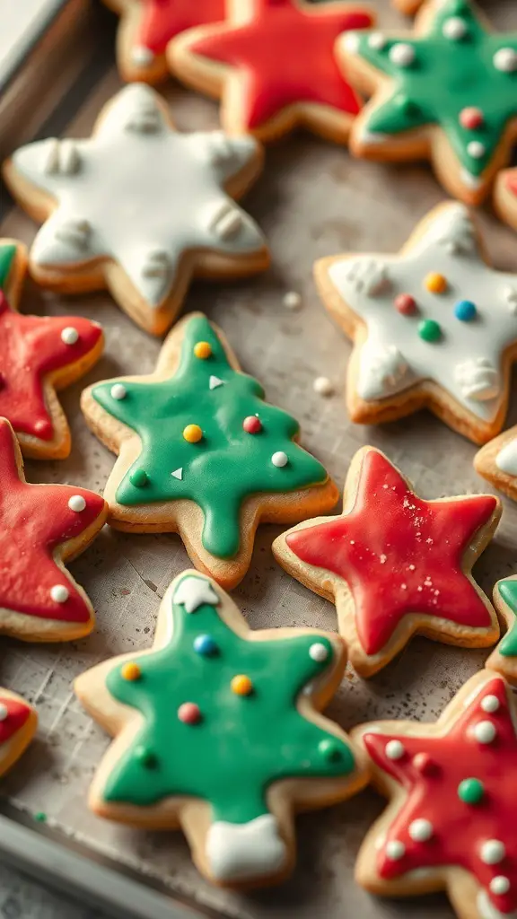 A tray of decorated Christmas sugar cookies in star shapes, featuring red, green, and white icing.