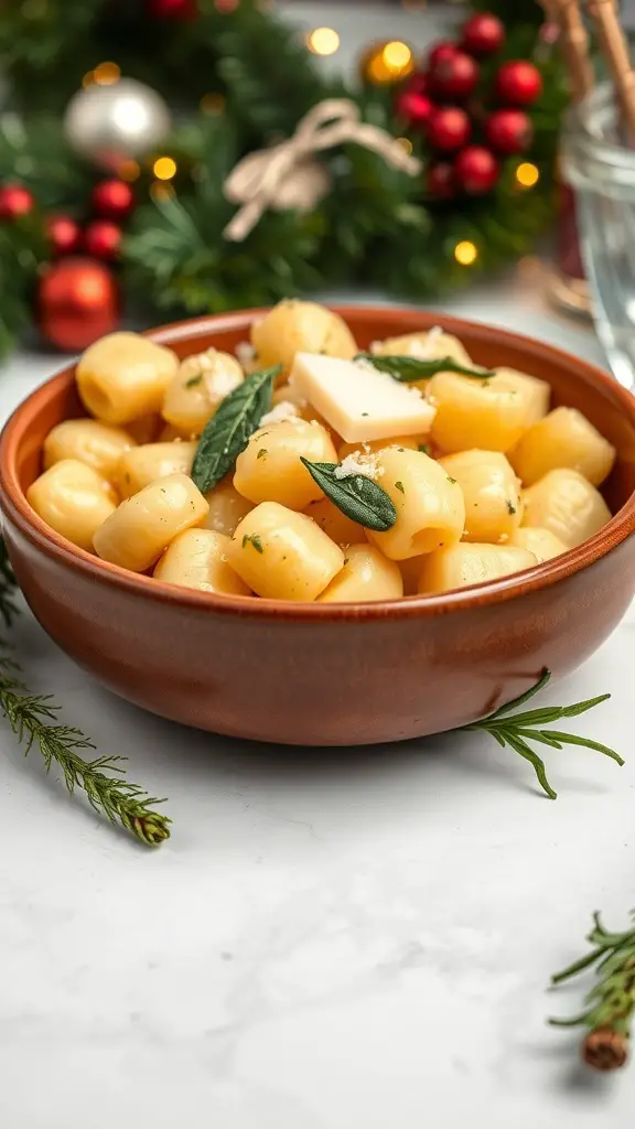 A bowl of potato gnocchi with sage butter, garnished with sage leaves and Parmesan cheese, surrounded by festive decorations.