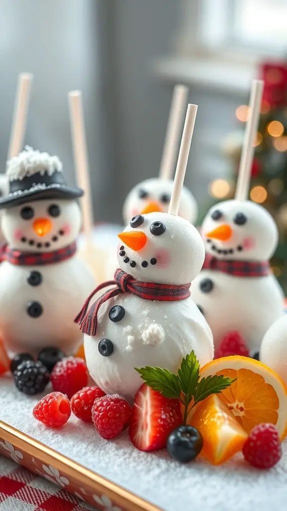 A plate of snowman cake pops decorated with fruit accents, featuring raspberries, strawberries, and blueberries.