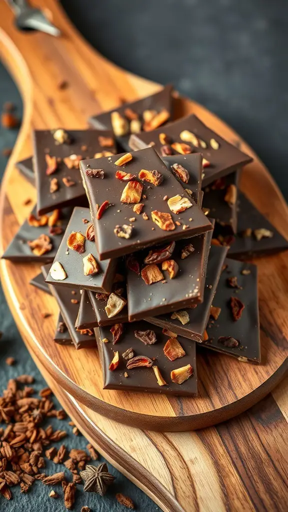 A close-up of spicy chili chocolate bark stacked on a wooden board, garnished with nuts and chili flakes.