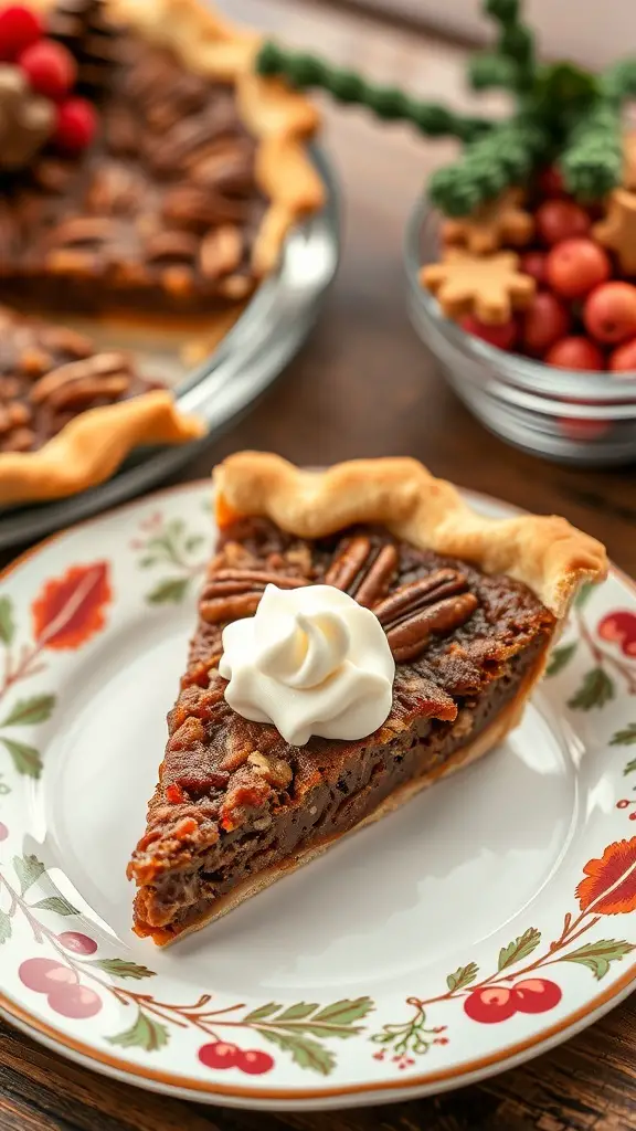 A slice of pecan pie topped with whipped cream on a decorative plate, with a whole pie and festive decorations in the background.