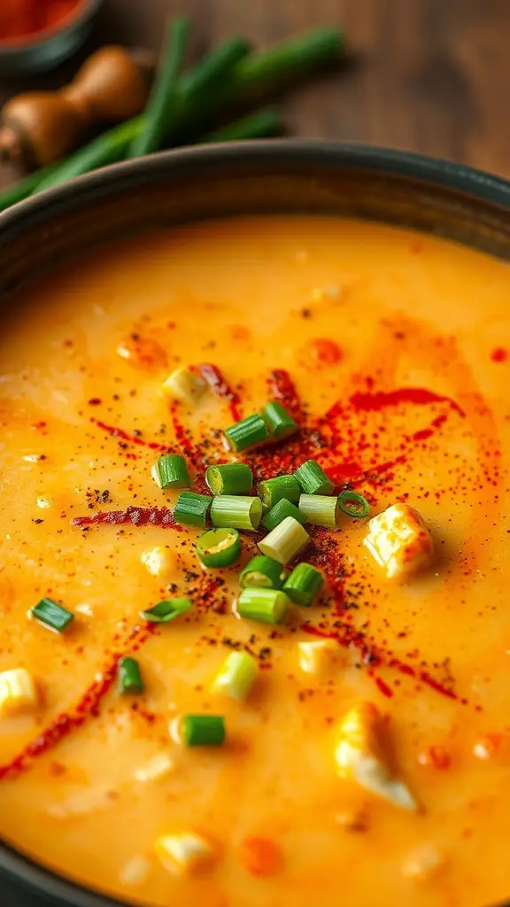 A bowl of Spicy Cajun Crab Chowder topped with green onions and paprika.
