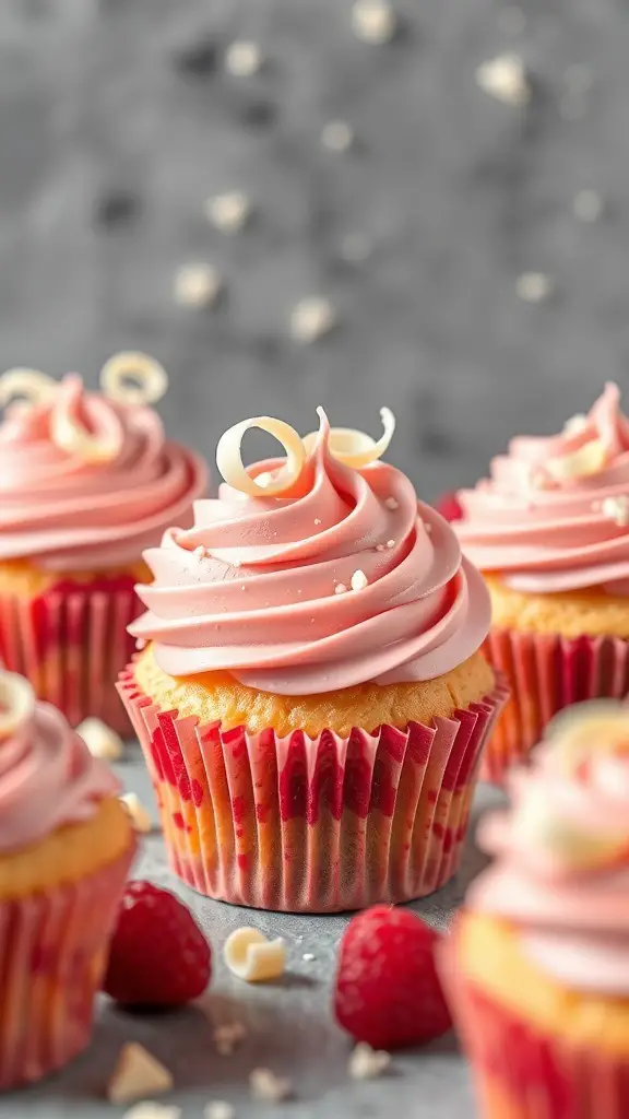 White Chocolate Raspberry Cupcakes with pink frosting and white chocolate curls