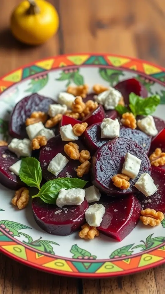 A vibrant roasted beet salad with goat cheese, walnuts, and fresh basil on a decorative plate.