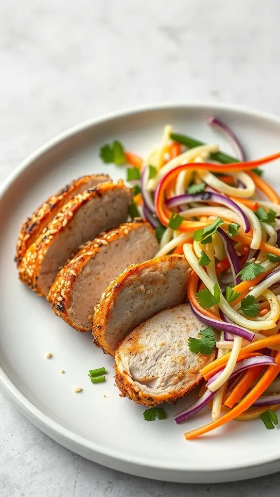 Plate of sesame-crusted turkey slices with colorful Asian slaw on the side.
