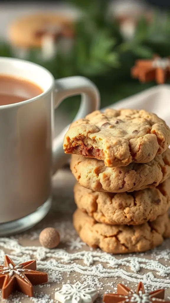 A stack of molasses cookies with a chewy center next to a cup of hot cocoa and holiday decorations.