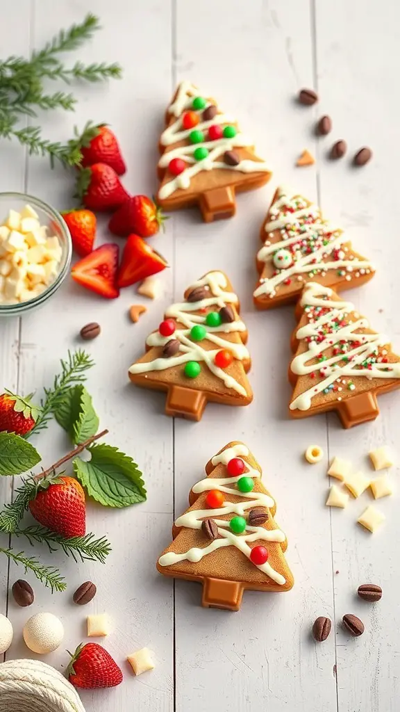 A variety of festive tree-shaped cakes decorated with colorful icing and toppings, surrounded by fresh strawberries and greenery.