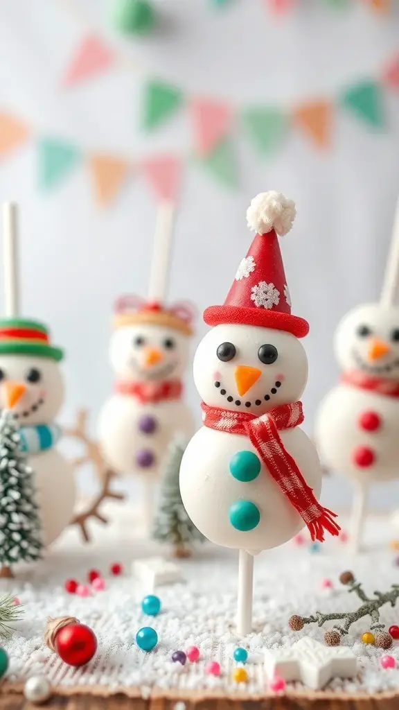 Colorful snowman cake pops decorated with hats and scarves, perfect for kids' parties.