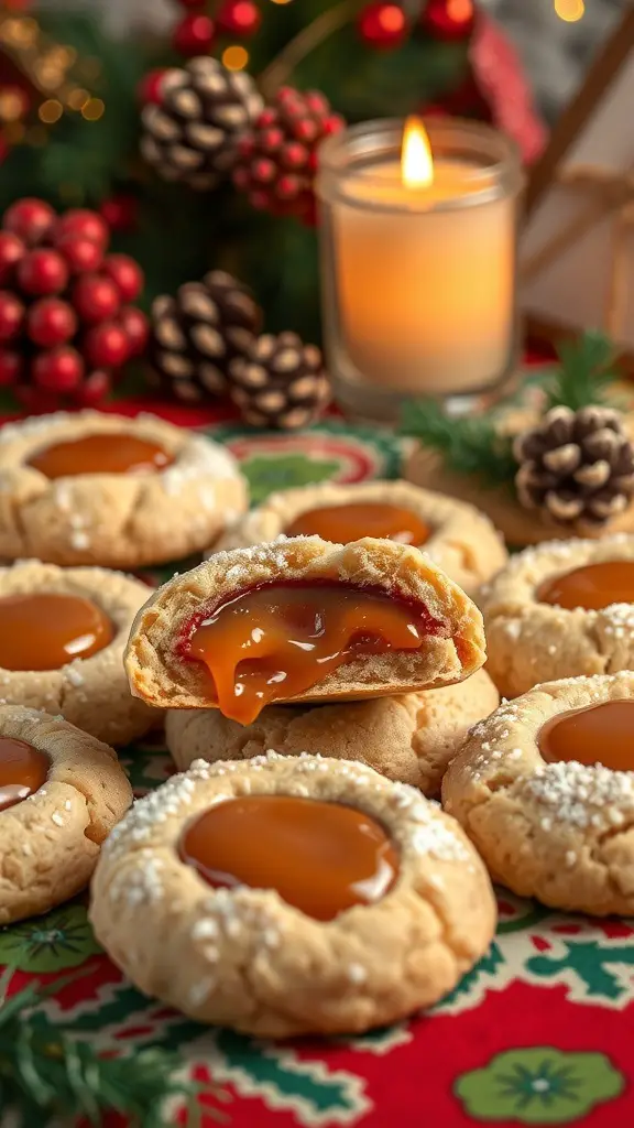 A plate of caramel stuffed cookies with a candle and festive decorations.