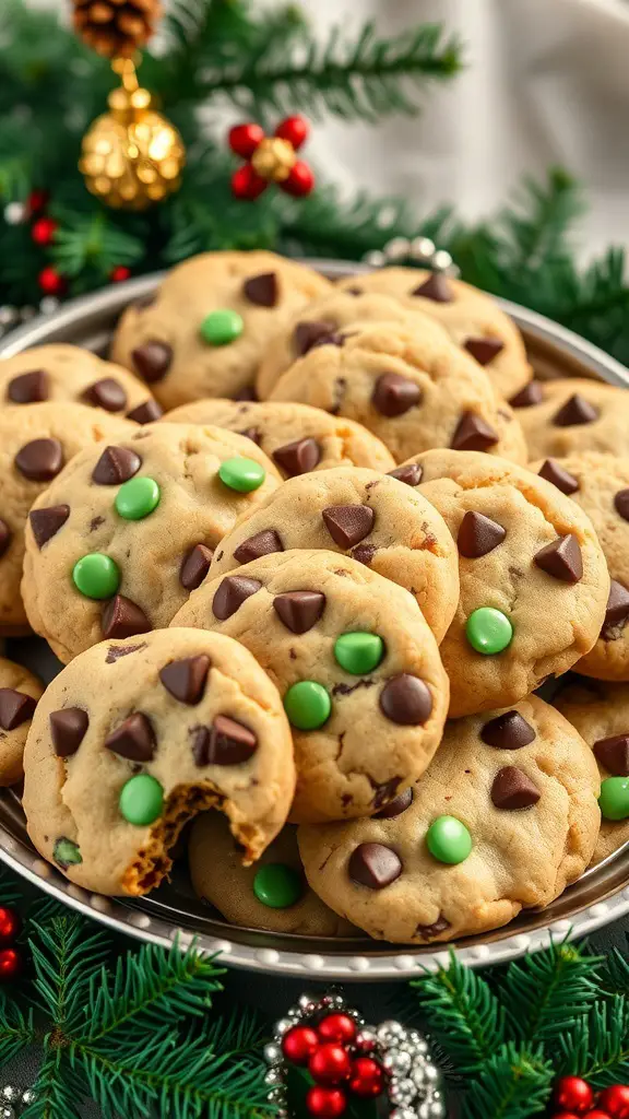 A plate of mint chocolate chip cookies with green and brown colors, surrounded by festive decorations.