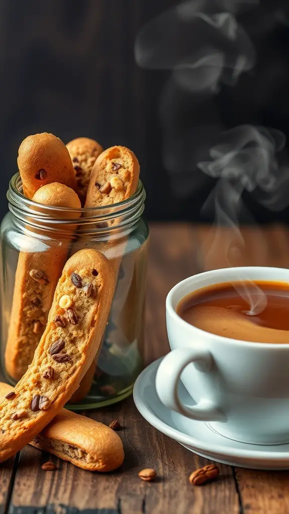 A jar of nutty biscotti beside a steaming cup of coffee on a wooden table.