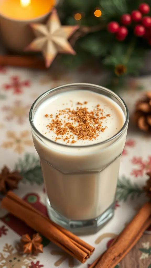A glass of eggnog topped with nutmeg, surrounded by cinnamon sticks and festive decorations.