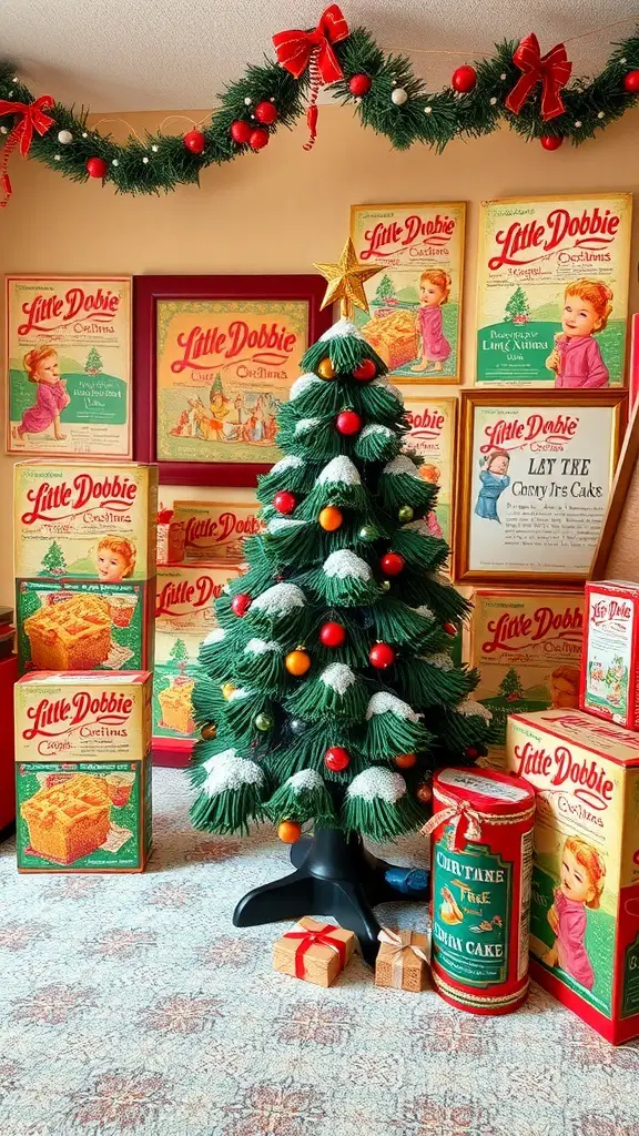 A festive display featuring a small Christmas tree surrounded by vintage Little Debbie boxes, celebrating the history of Christmas Tree Cakes.