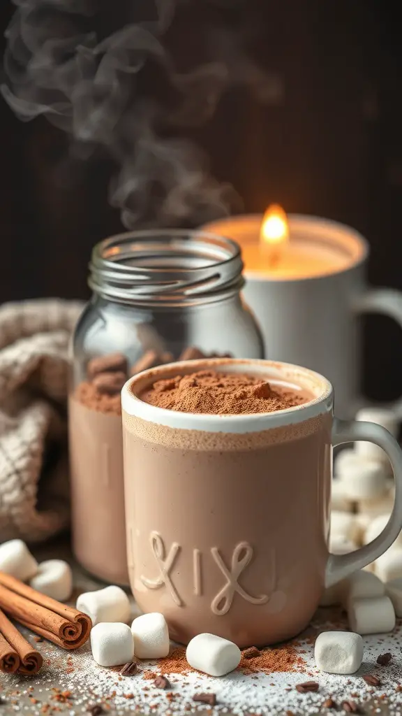 A cozy setup featuring a steaming mug of hot chocolate, a jar of chocolate mix, cinnamon sticks, and marshmallows.