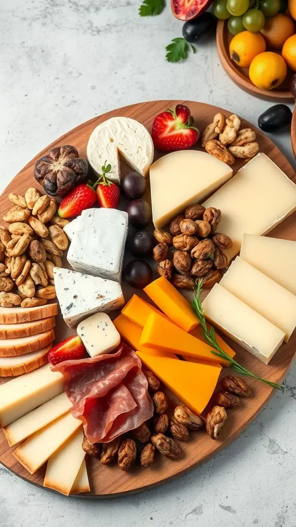 A beautifully arranged cheese and charcuterie board with various cheeses, meats, nuts, and fruits.