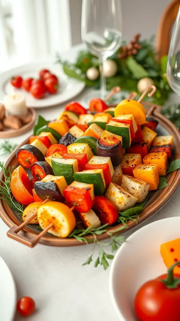 A platter of colorful roasted vegetable skewers with various vegetables like bell peppers, zucchini, and eggplant.