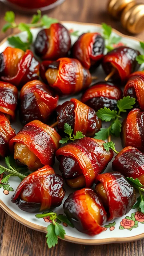 A plate of bacon-wrapped dates garnished with parsley.