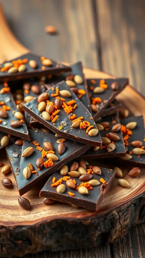 A wooden platter with pieces of dark chocolate bark topped with pumpkin seeds and orange sprinkles.