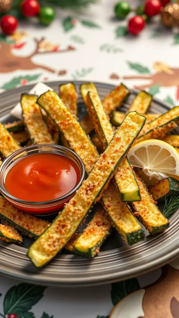 A plate of crispy Parmesan zucchini fries served with a side of dipping sauce and a lemon wedge.