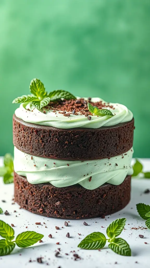 A two-layer dark chocolate cake with mint frosting and fresh mint leaves on top.