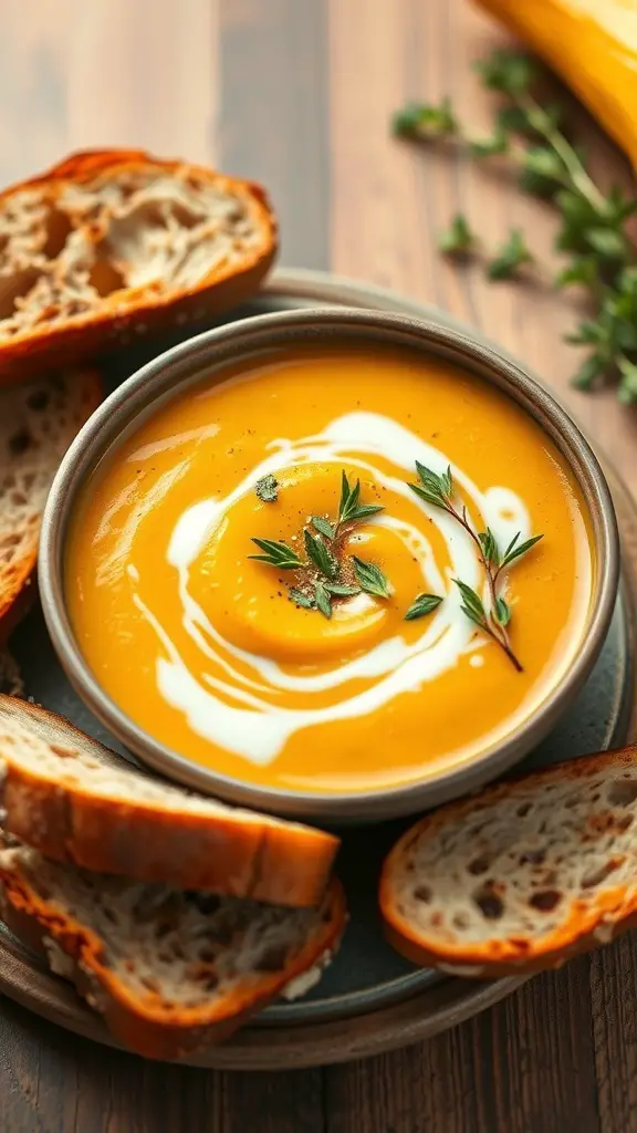 A bowl of creamy butternut squash soup garnished with herbs, surrounded by slices of bread.