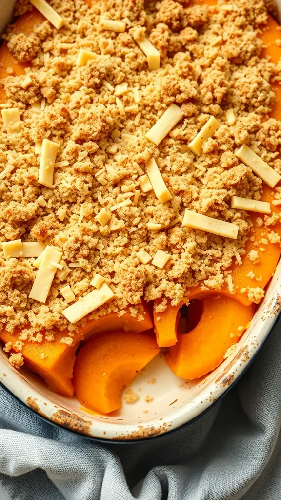 A close-up of a butternut squash gratin topped with a golden breadcrumb and cheese crust.