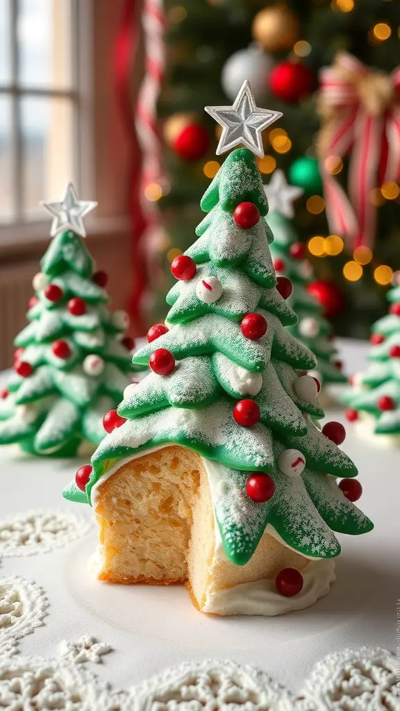 A festive display of Little Debbie Christmas Tree Cakes, decorated with green icing, red ornaments, and a star on top.