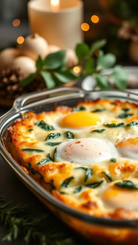 A delicious breakfast casserole with spinach and cheese, topped with eggs, set against a cozy holiday backdrop.
