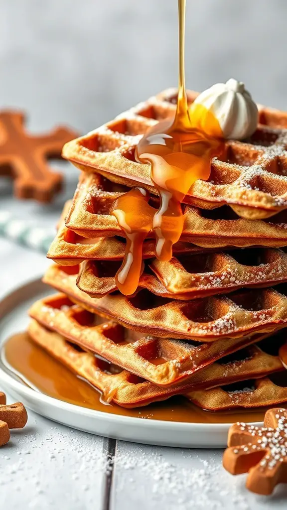 A stack of gingerbread waffles drizzled with maple syrup and topped with whipped cream.