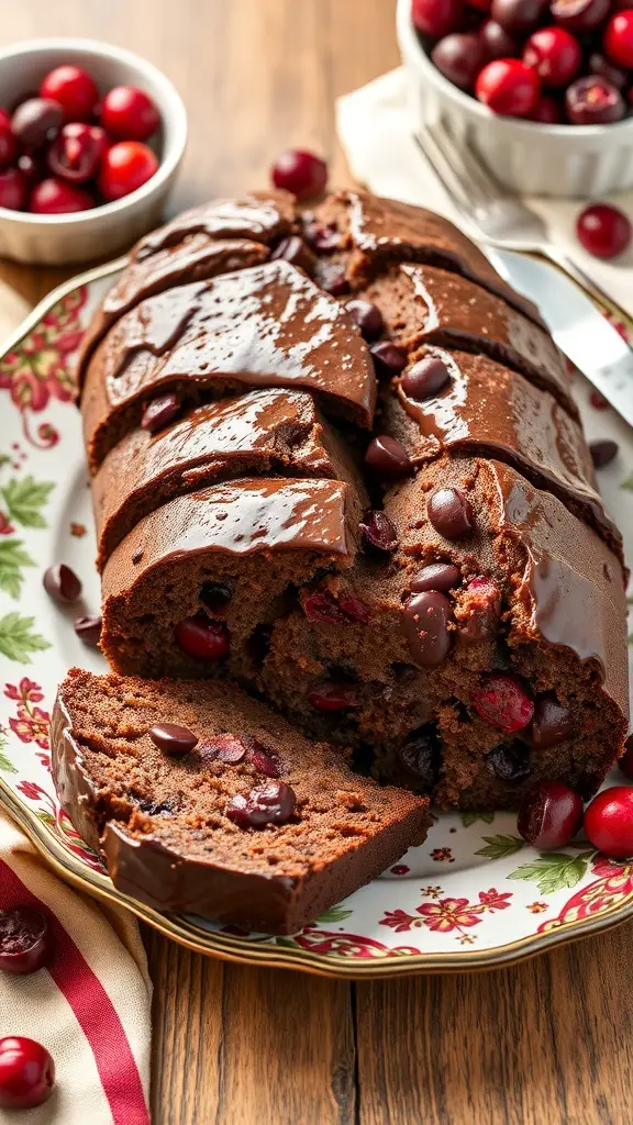 A loaf of chocolate cranberry pull-apart bread, sliced and drizzled with chocolate glaze, served on a decorative plate with fresh cranberries in the background.