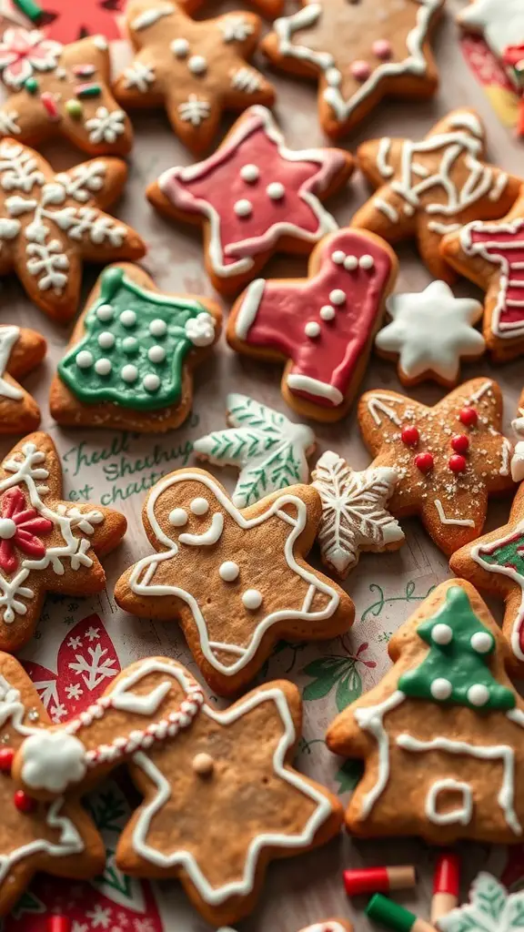 A variety of decorated gingerbread cookies in festive shapes and colors.