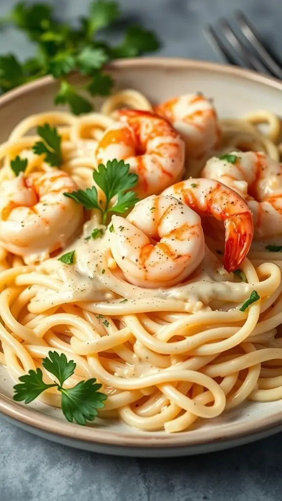 A plate of fettuccine alfredo topped with garlic shrimp and garnished with parsley.