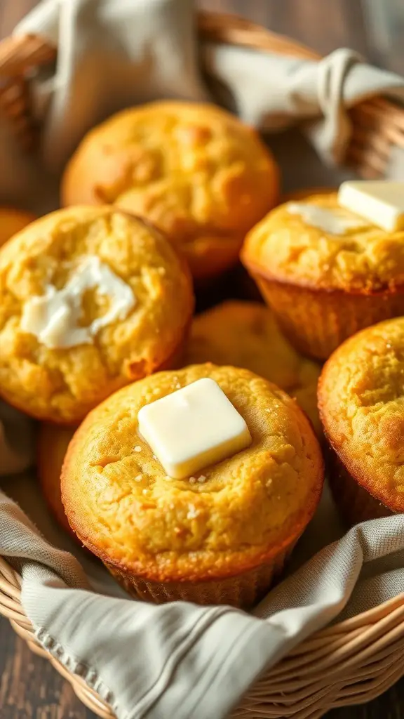 A basket of golden cornbread muffins with butter on top