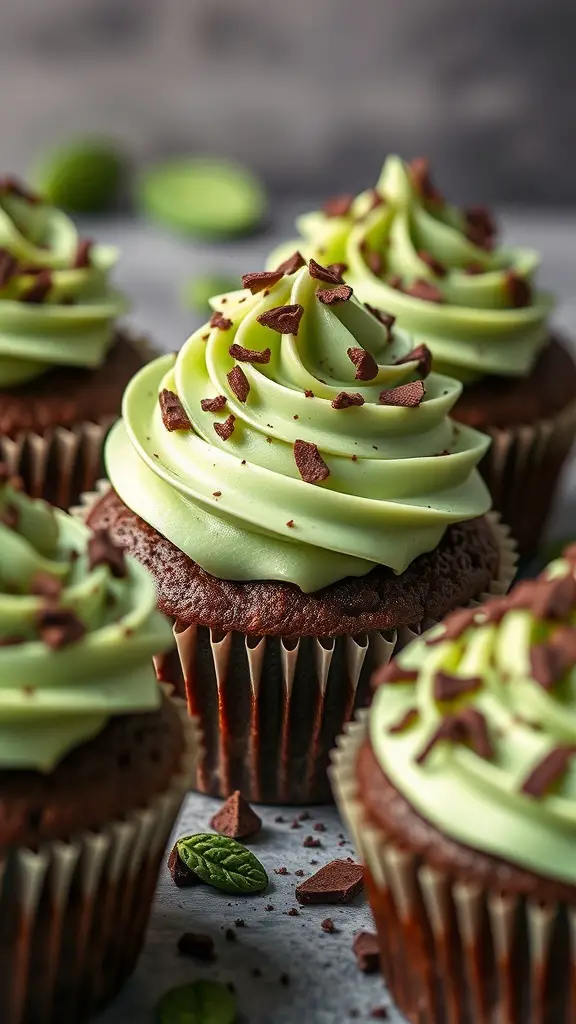 Chocolate mint cupcakes with green frosting and chocolate shavings