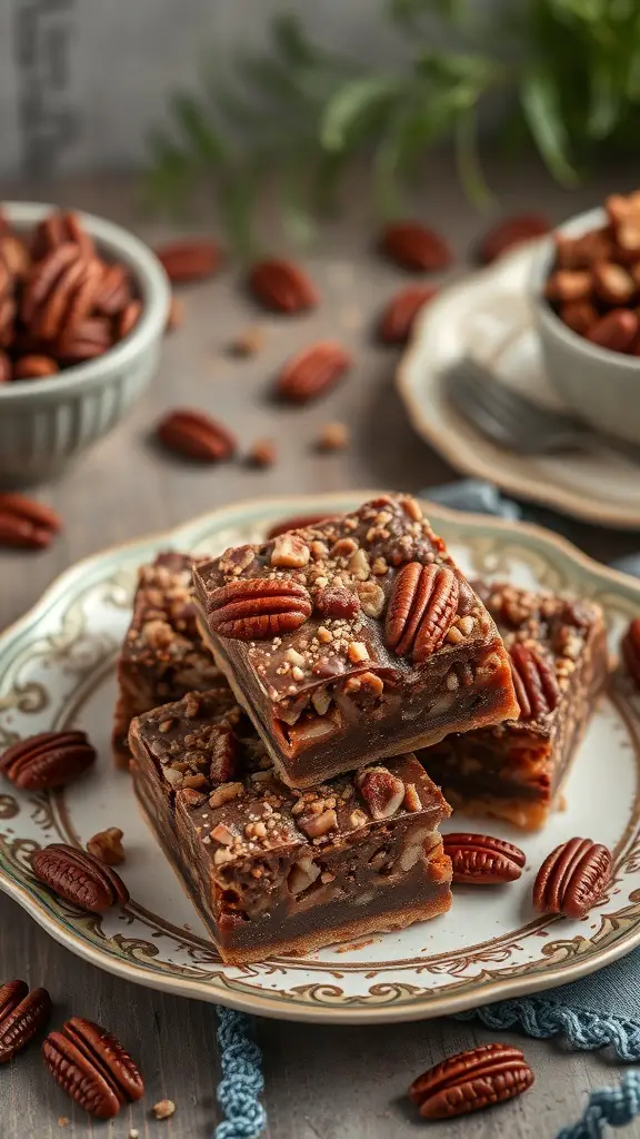 Delicious chocolate pecan pie bars topped with pecans on a decorative plate.