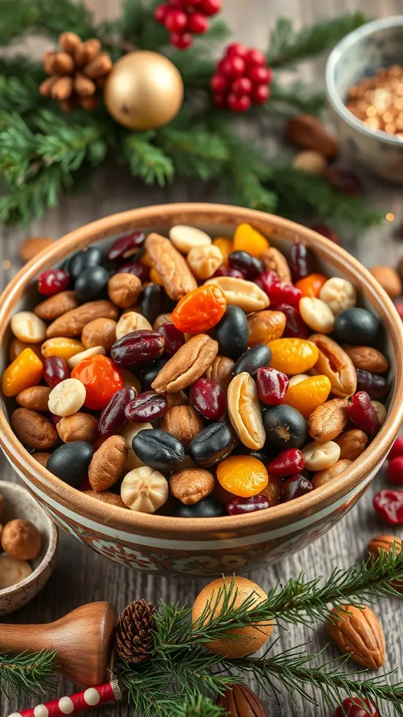 A colorful bowl of mixed nuts and dried fruits surrounded by holiday decorations.