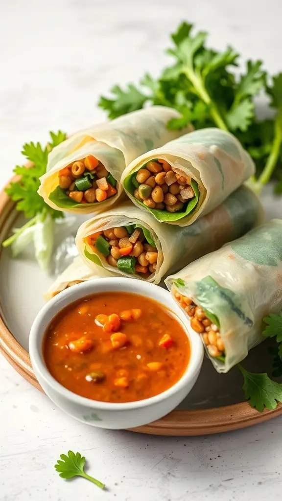 Lentil and vegetable spring rolls served with a dipping sauce, garnished with fresh herbs.