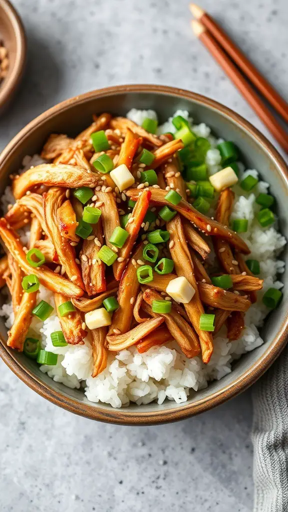 A bowl of teriyaki turkey with rice, topped with green onions and sesame seeds.