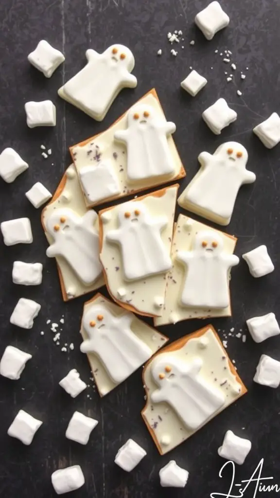 Spooky ghost marshmallow bark with ghost-shaped marshmallows and mini marshmallows on a dark surface.