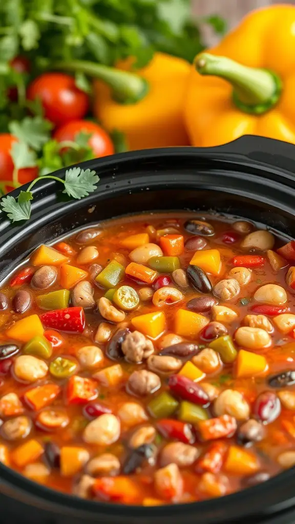 A close-up view of a crockpot filled with colorful vegetarian chili, featuring beans and peppers.